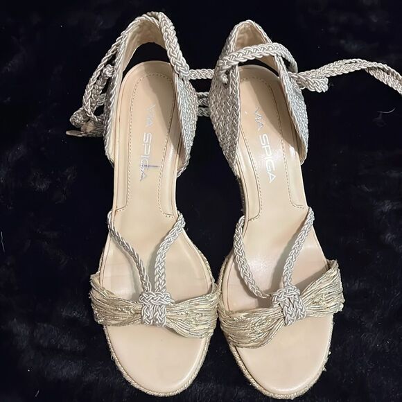 Via Spiga Jute & Wedge Gold Ankle Strap Sandals - Picture 6 of 10